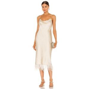 L 'Academia The Mindy Midi Dress in Ivory Silk Satin Slip Feather Hem Dress